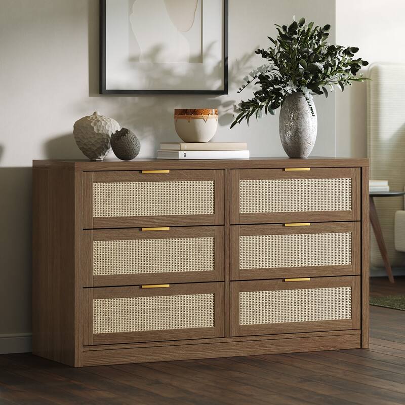 53" Rattan Dresser for Bedroom - 6-Drawer Boho Chest of Drawers, Large Storage Cabinet for Clothes, TV Stand