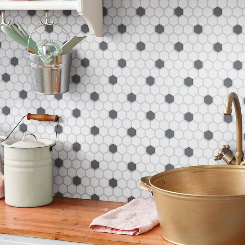 Merola Tile Gotham Hex Series Antique White and Black 10-1/4" x 11-7/8" Porcelain Mosaic Tile