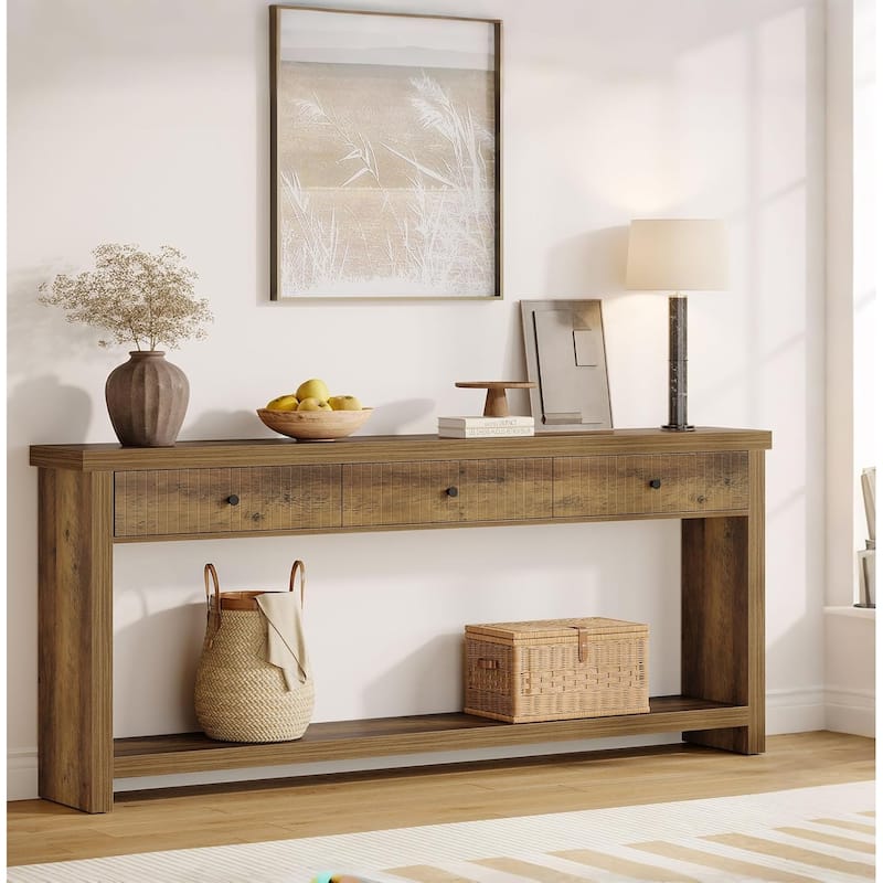 Extra Long Wood Console Table, Oak Sofa Entryway Table with 3 Drawers & Storage Shelves for Living Room, Hallway, Foyer