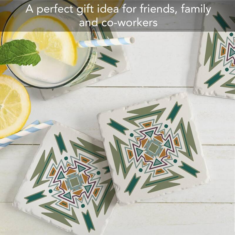Green Tribal Design 4-Pack Absorbent Stone Coasters with Protective Cork Backing 4" Square Made in The USA Easily Wipes Clean