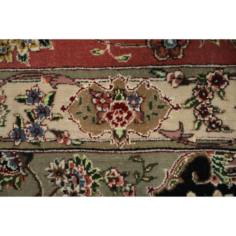 Hand Knotted Oriental Wool & Silk Carpet Traditional Floral Black Tabriz Area Rug - 11' 9'' X 9' 1''