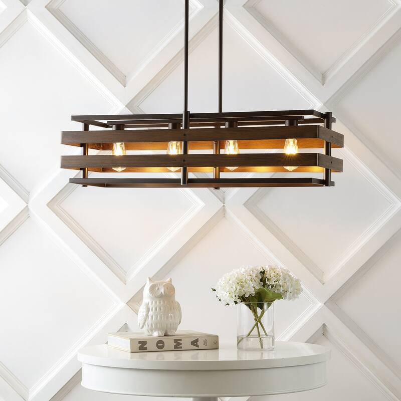 Lyla 34" 4-Light Rustic Farmhouse Iron Linear LED Pendant, Wood Finished/Oil Rubbed Bronze by JONATHAN Y - 4 Light
