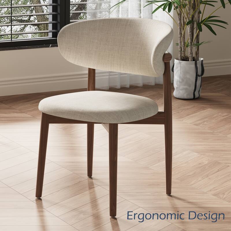 Mid-Century Dining Chair, Solid Wood Legs, Kitchen Chairs with Beige Cotton & Linen Fabric, Fully Assembled