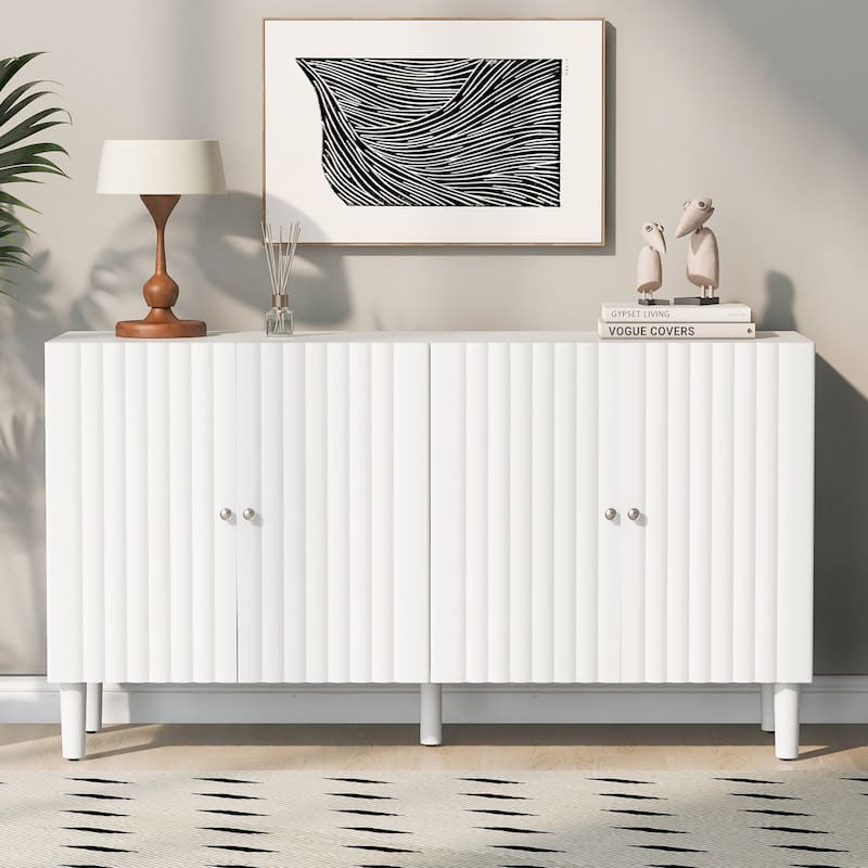 Elegant Four-Door Sideboard with Wavy Pattern Doors - White