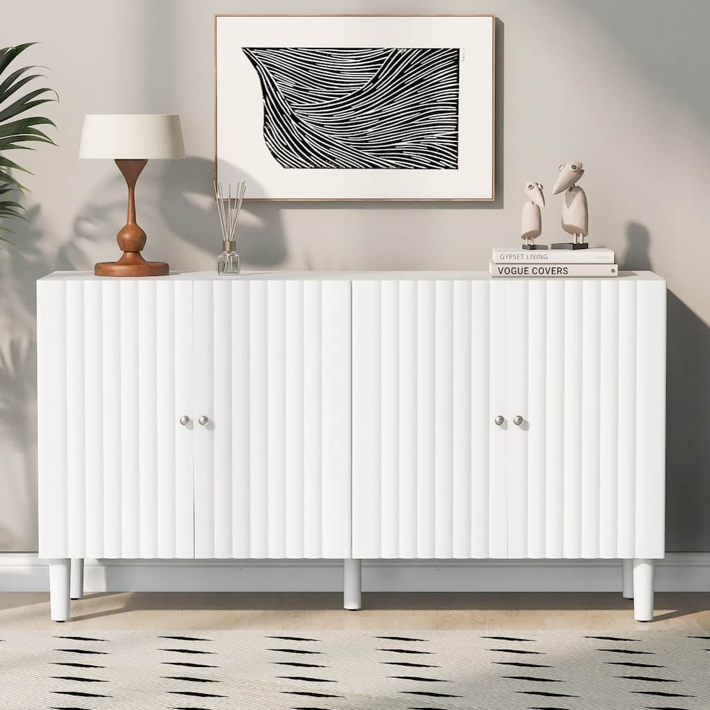 Rubber Wood 4 Door Sideboard with Wavy Pattern Doors and Cylindrical Legs, Storage Cabinet with Metal Door Handle