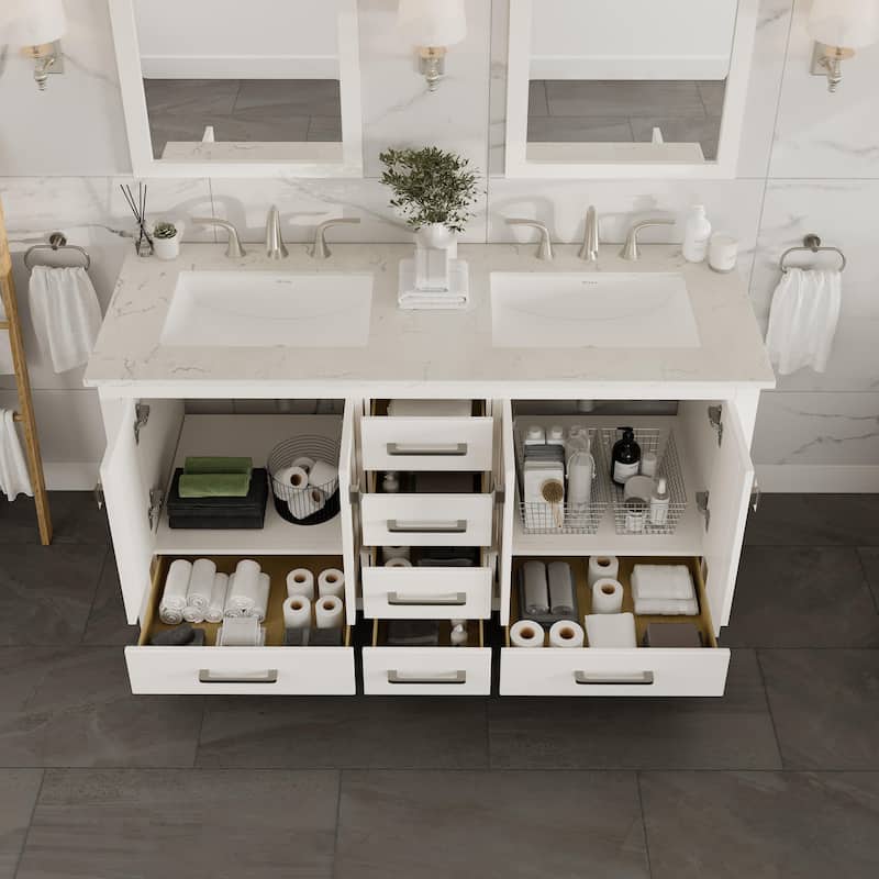 Eviva Aberdeen 60"W DS Bath Vanity with Carrara Quartz Top