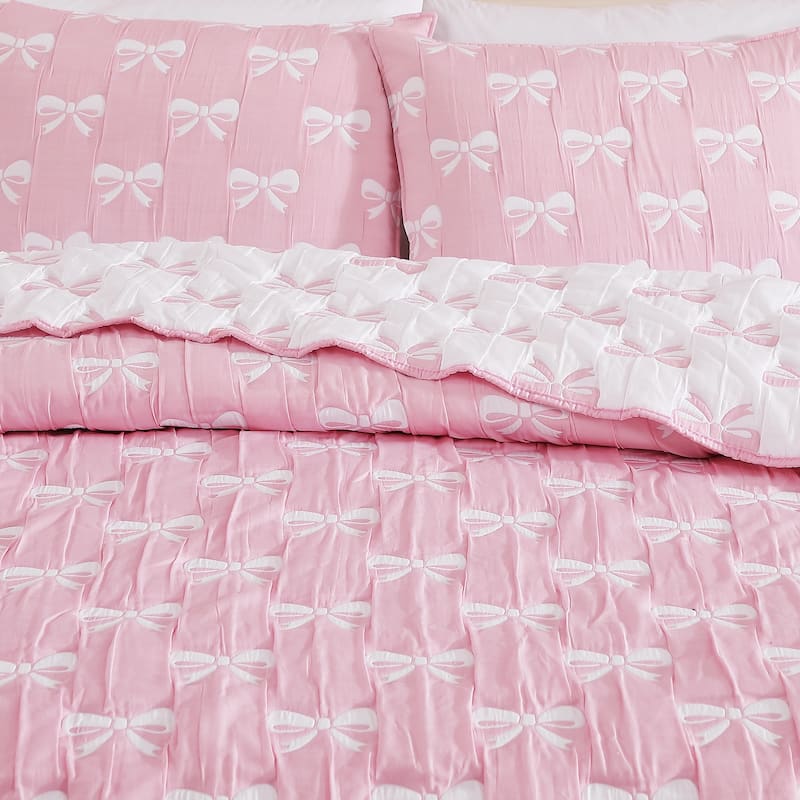 Ballet Bows Pink All-Season Soft Woven Matelasse Jacquard Reversible Cotton Blend Quilt Set