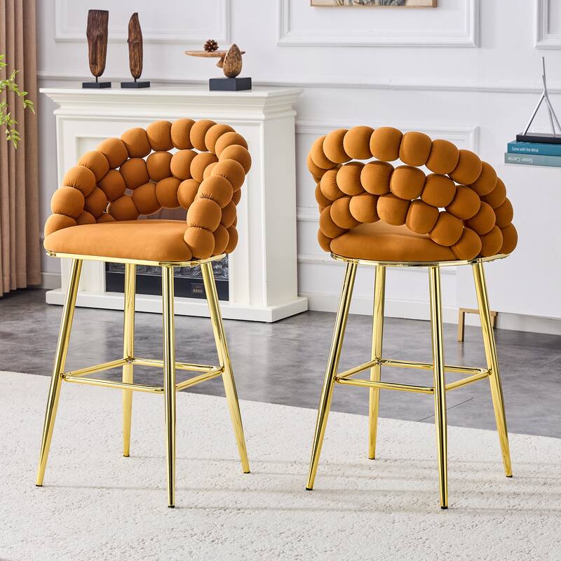 Set of 2 Puffy Bubble Chair Ball Chain Chair Velvet Bar Stools with Gold Legs, Modern Tufted Accent Bar Chairs