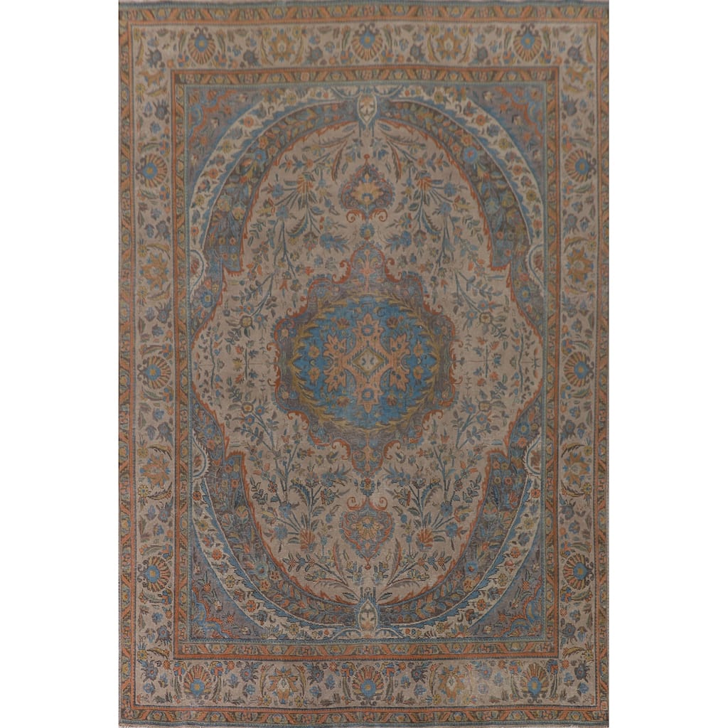 Floral Beige Tabriz Persian Vintage Rug Handmade Wool Carpet - 9'7"x 12'10"