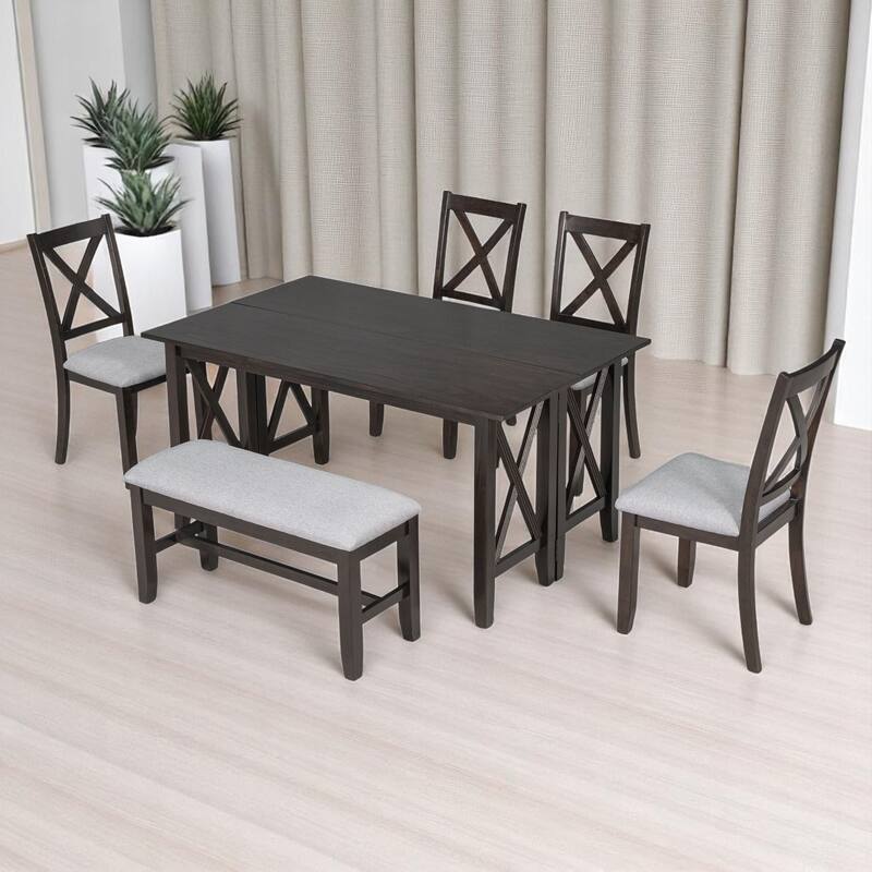 Modern 6-Piece Foldable Dining Set with Upholstered Chairs and Bench, Solid Wood Dining Table for Kitchen or Dining Room