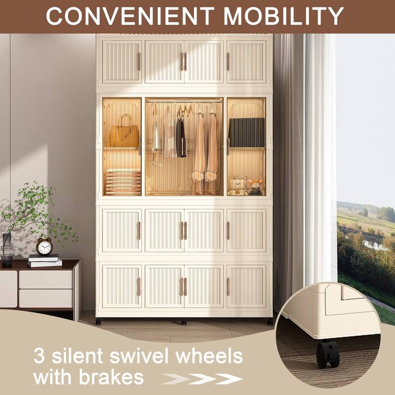 Portable Wardrobe Closet Organizer with 17 Magnetic Doors, 17 Cubes, Hanging Rod & 6 Hangers, Plastic Clothes Storage Cabinet