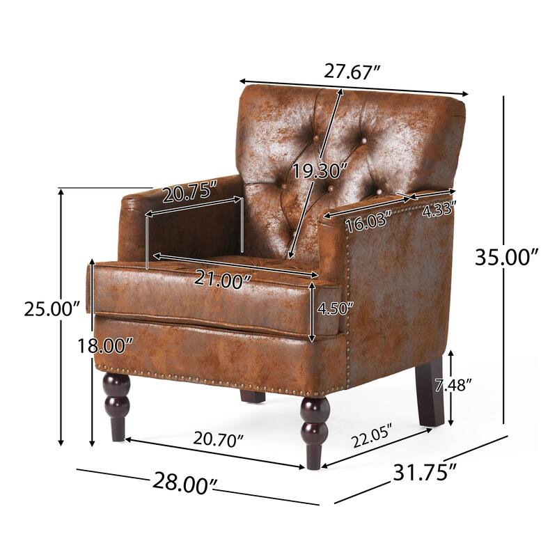 Modern 28" Upholstered Button Tufted Club Chair with Nailheads and Birch Wood Legs