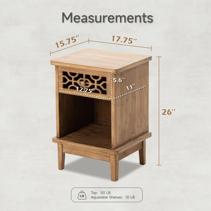 COZAYH Retro Rustic Nightstand Solid Fir End Table Side Table with Hand Carved Front and Open Shelf for Boho, Farmhouse