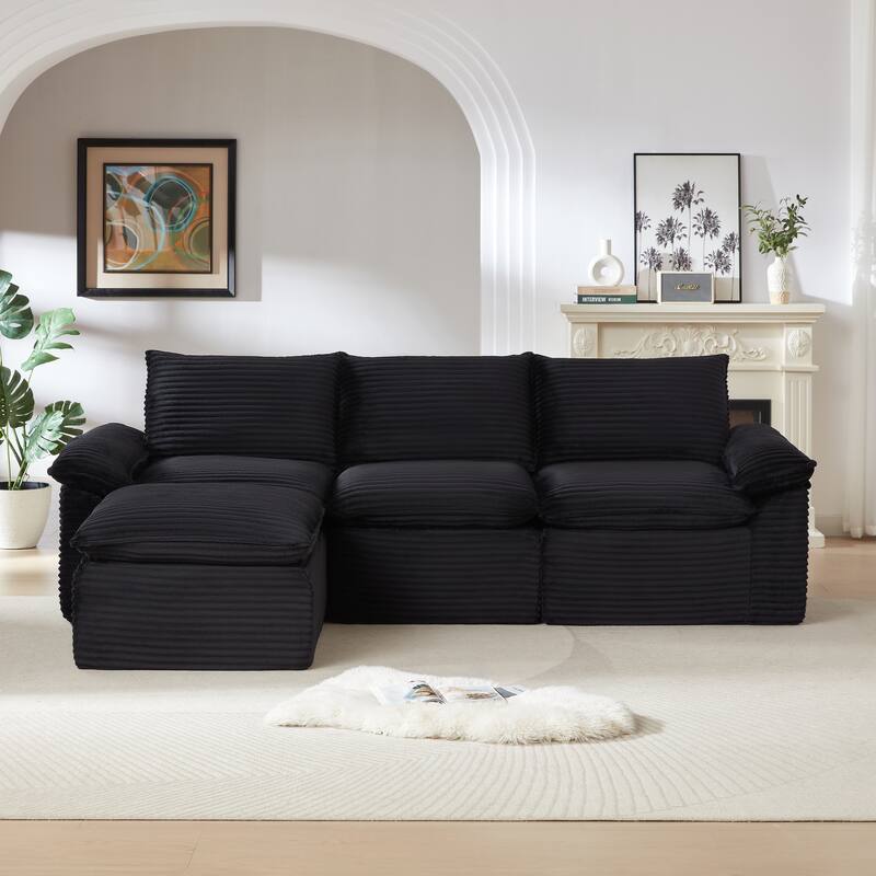 L Shaped Sectional Sofa with Ottoman, Oversized Corduroy Upholstered Cloud Sofa, High-Density Sponge 4 Seater Sofa
