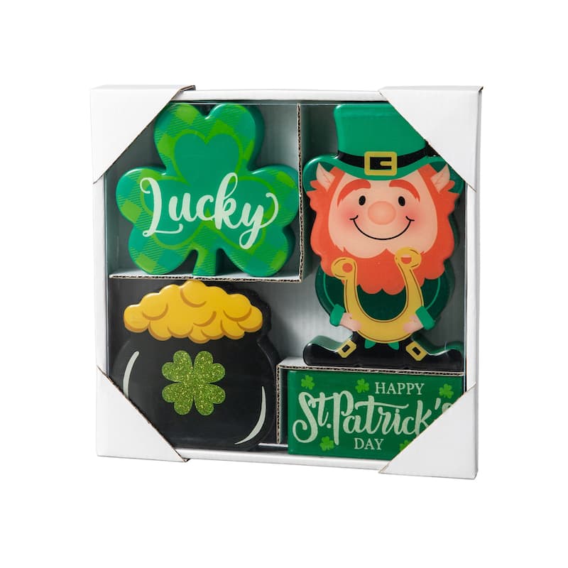 Glitzhome St Patrick's Epoxy Wooden Shamrock Leprechaun Pot of Gold Coffee Cup Table Decor