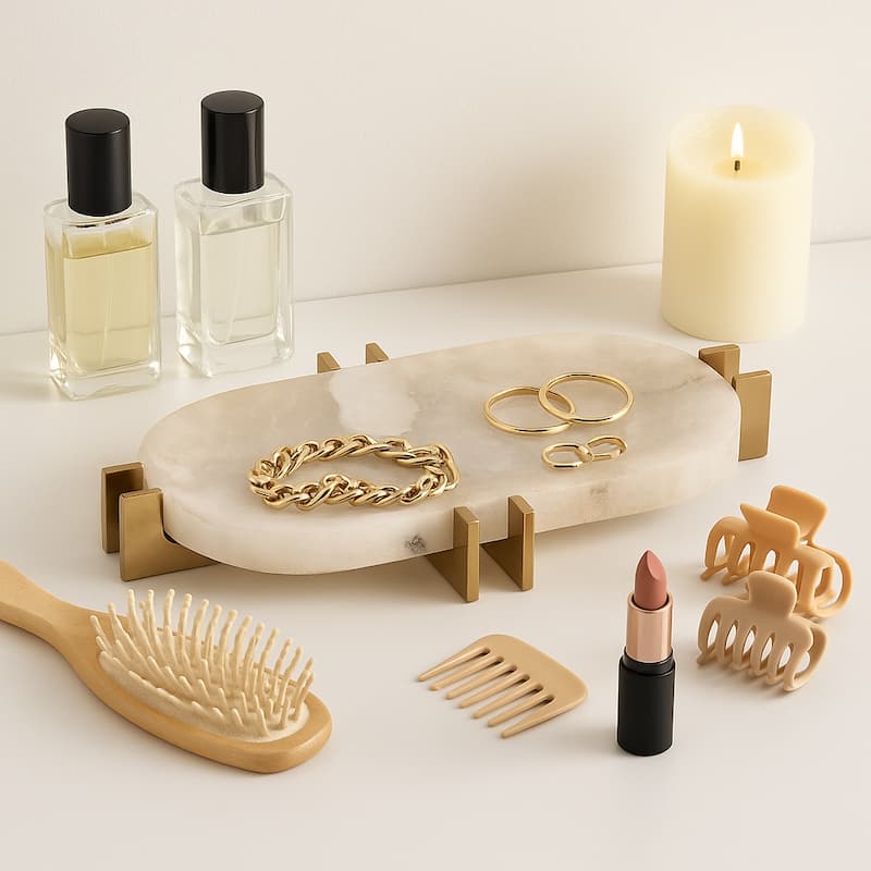 Quartz Accent Tray with Metal Base - Home Decor - 14", White & Gold - 13.5"