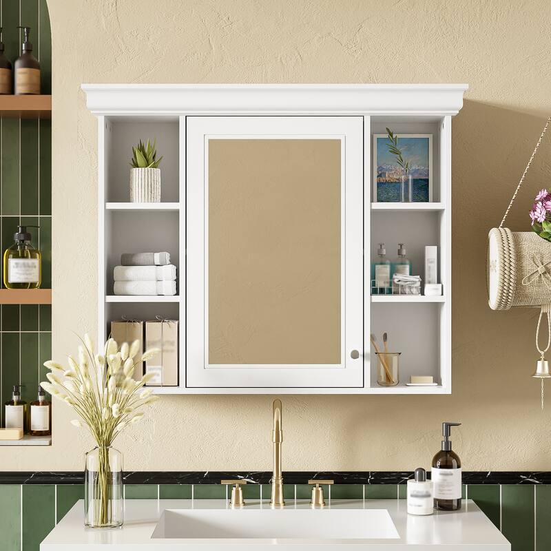 GDFStudio - Valence Modern Wall-Mounted Bathroom Storage Cabinet with Mirror and Open Shelves - 35'' x 28'' - White