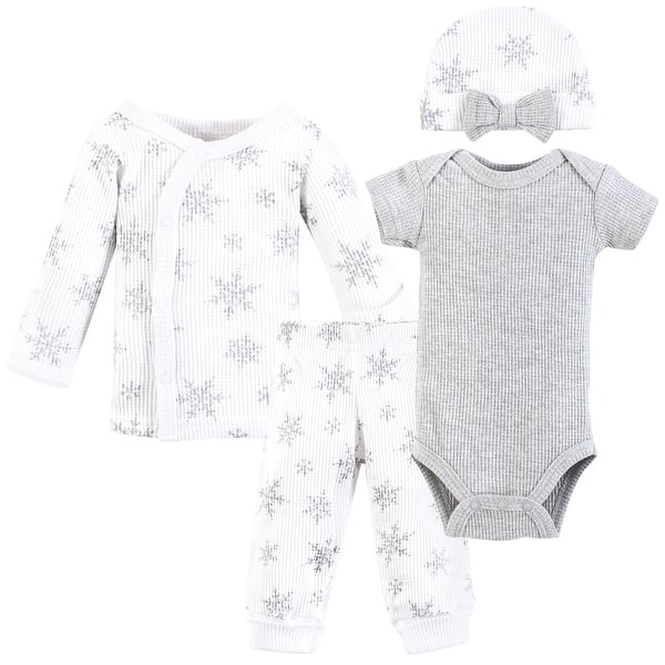 slide 1 of 1, Hudson Baby Girls Thermal Preemie Layette 4pc Set, Snowflake, Preemie - Snowflake Short Sleeve Preemie - Snowflake Short Sleeve