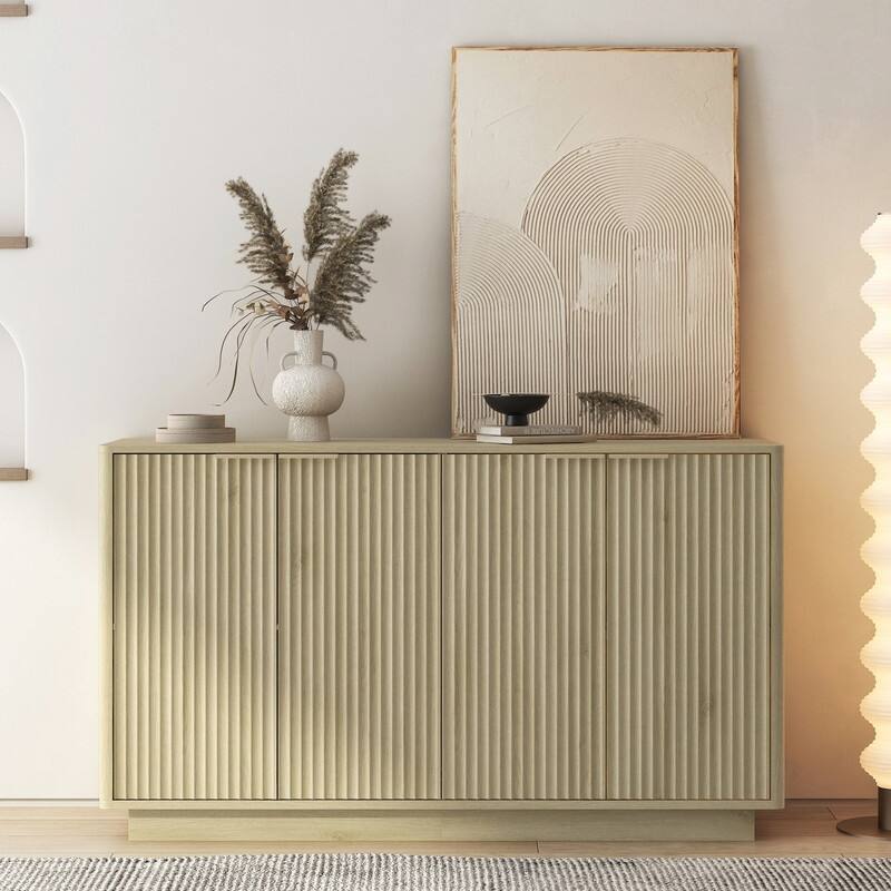 Wood 55.1" Fluted Buffet Cabinet, Credenza with Adjustable Shelves for Stylish Storage and Organization - Natural