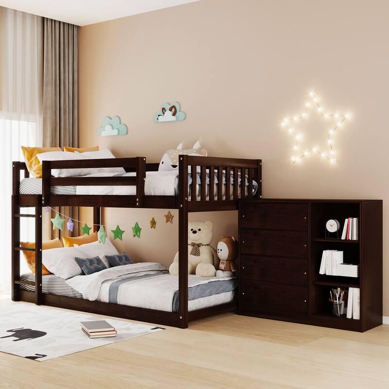 Twin over Twin Floor Bunk Bed with Movable Storage Cabinet, Include 4 Storage Drawers and 3 Shelves, Solid Wood Bunkbeds Frame