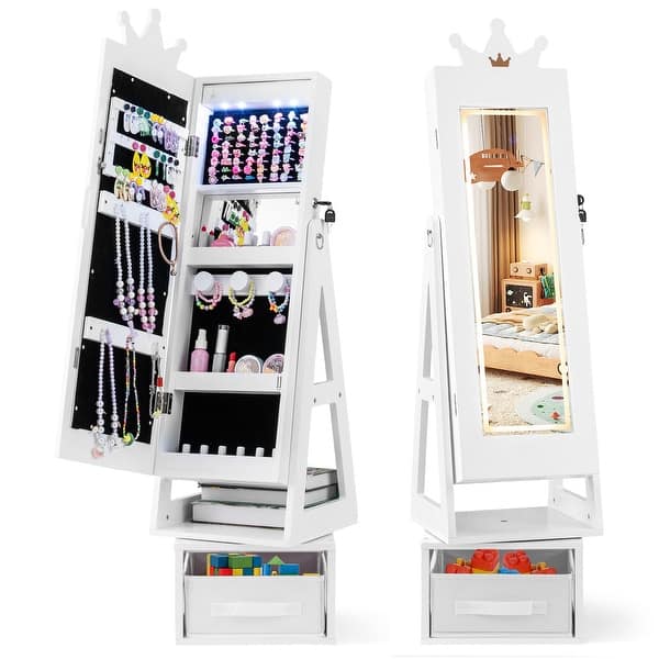 slide 2 of 10, Gymax Swivel Kids Jewelry Cabinet w/ Lights Full-Length Mirror & White