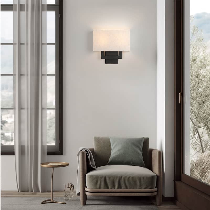 12in H Dark Bronze Wall Sconce Light With Oatmeal Fabric Shade