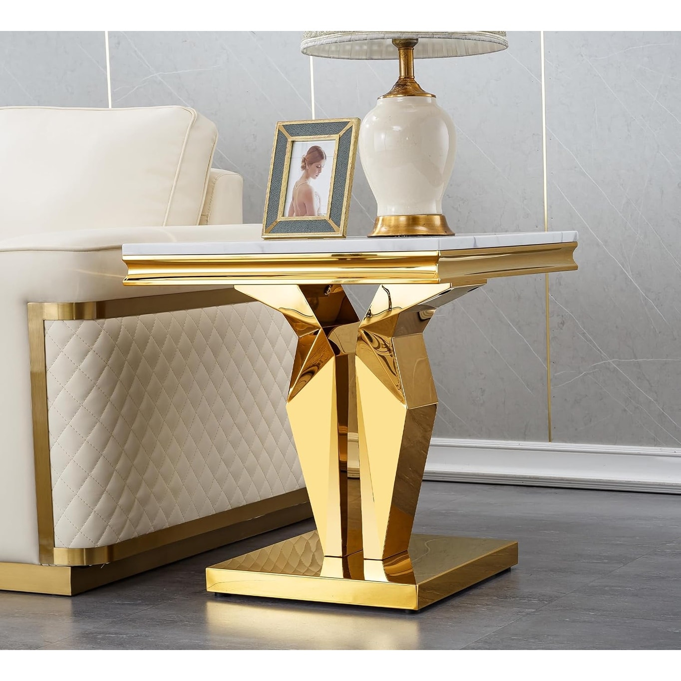 Modern Gold End Table with White Faux Marble Top & Mirrored Stainless Steel Base for Living Room or Bedroom