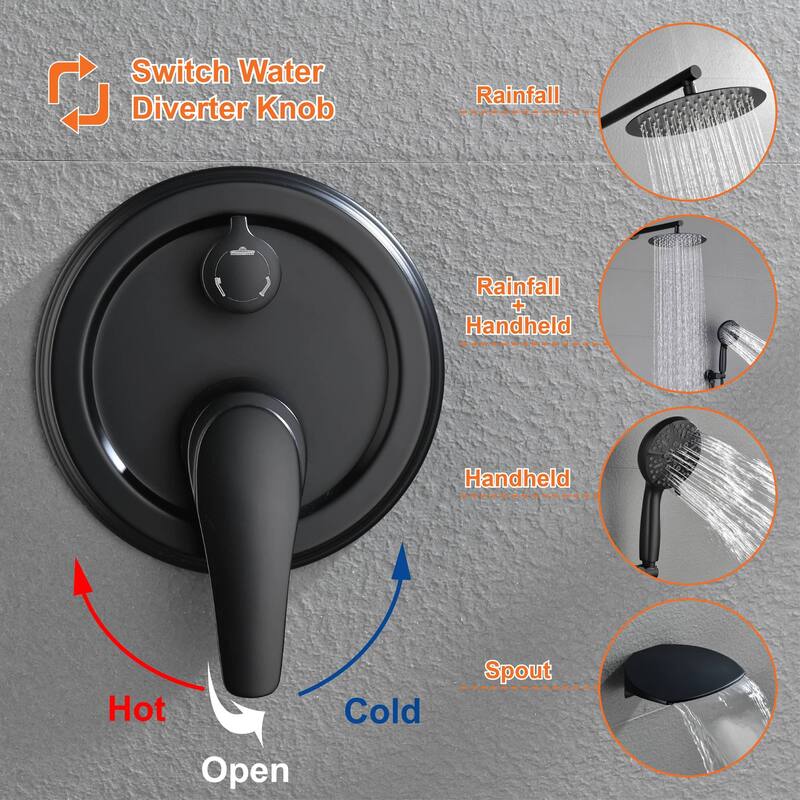 Wall Mount Tub Shower Faucet With Hand Shower Rainfall Shower System Set With Tub Spout Pressure Balance 10 Inch Shower Head Set