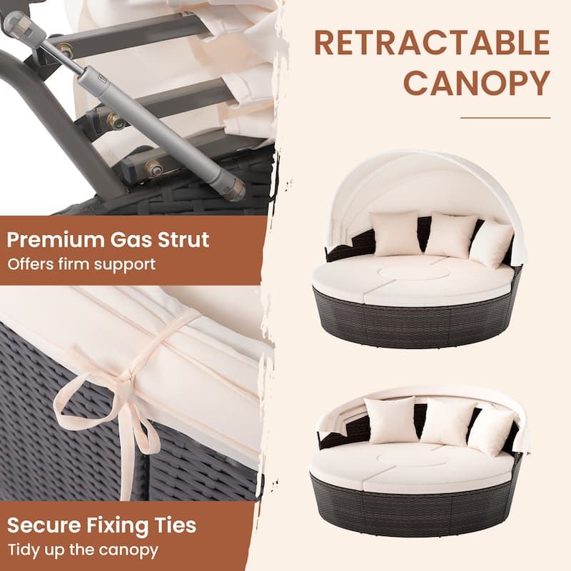 4 Piece Round Patio Daybed Set with Canopy Cushions and Table - 73" × 70" × 57"