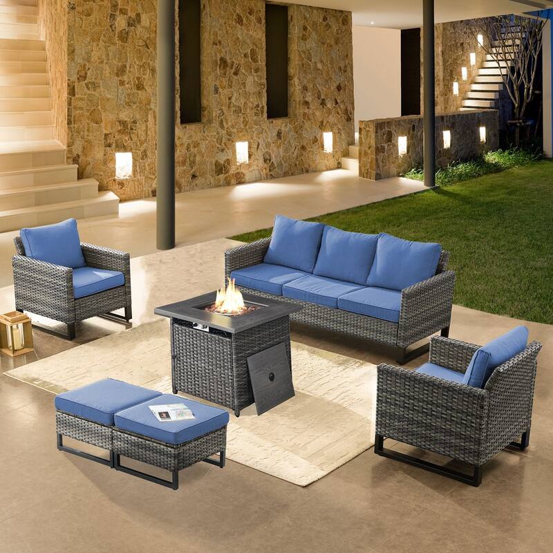 Pati Sofa with Fire Pit Table and Club Chairs - Grey - Blue