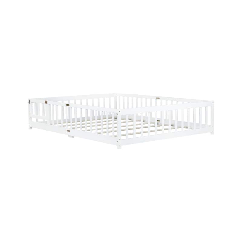 Queen Size Floor Bed with Fence,Door,Rubber Wood Floor Bed with Safety Guardrails