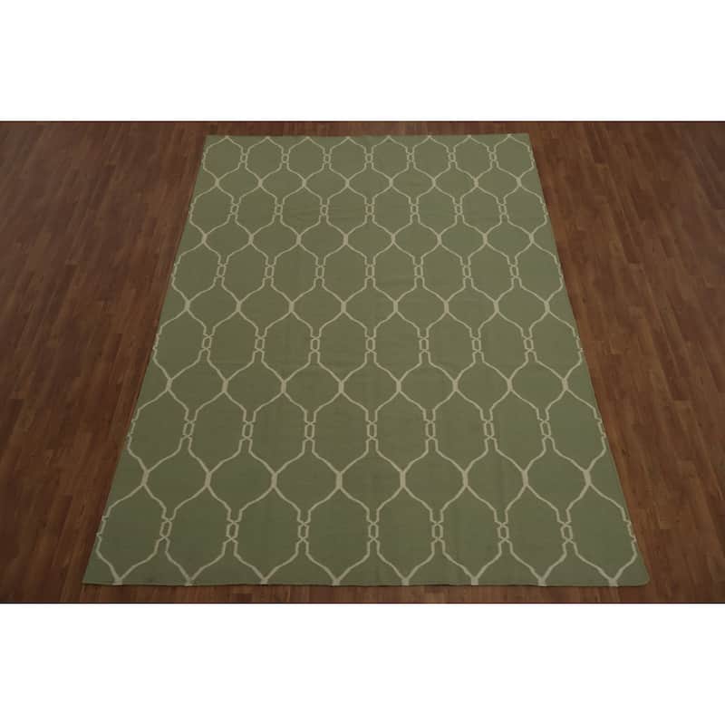 Hand Woven Oriental 100% Wool Carpet Southwestern All-Over Green Kilim Area Rug - 10' 10'' X 7' 10''