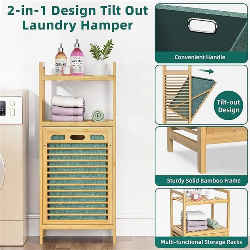Bamboo Laundry Hamper with Storage Shelves & Clothes Basket - 11.8"D x 15.6"W x 37.4"H