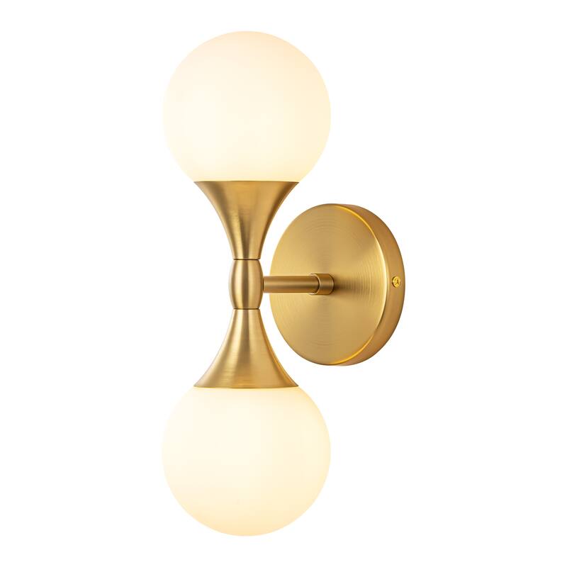 14 in. 2-Light Modern Gold Linear Up&Down Wall Sconces Light Frosted Opal Glass Globe Vanity Lighting