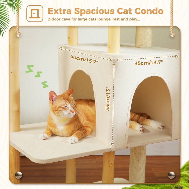 53" Modern Wooden Cat Tower for Indoor Large Cats, Multi-Level Cat Condos with Long Scratching Posts and Scraping Columns