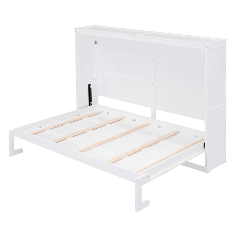 Full Size Murphy Bed Cabinet with Dual-Piston Lift, Space-Saving Foldable Wall Bed Frame w/Slatted Base Guest Room Home Office