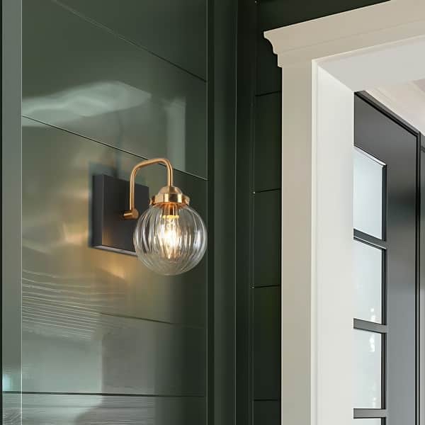slide 2 of 9, Modern Black Gold 1-Light Ribbed Globe Glass Wall Sconce Classic Vintage Design for Bathroom Vanity Lights