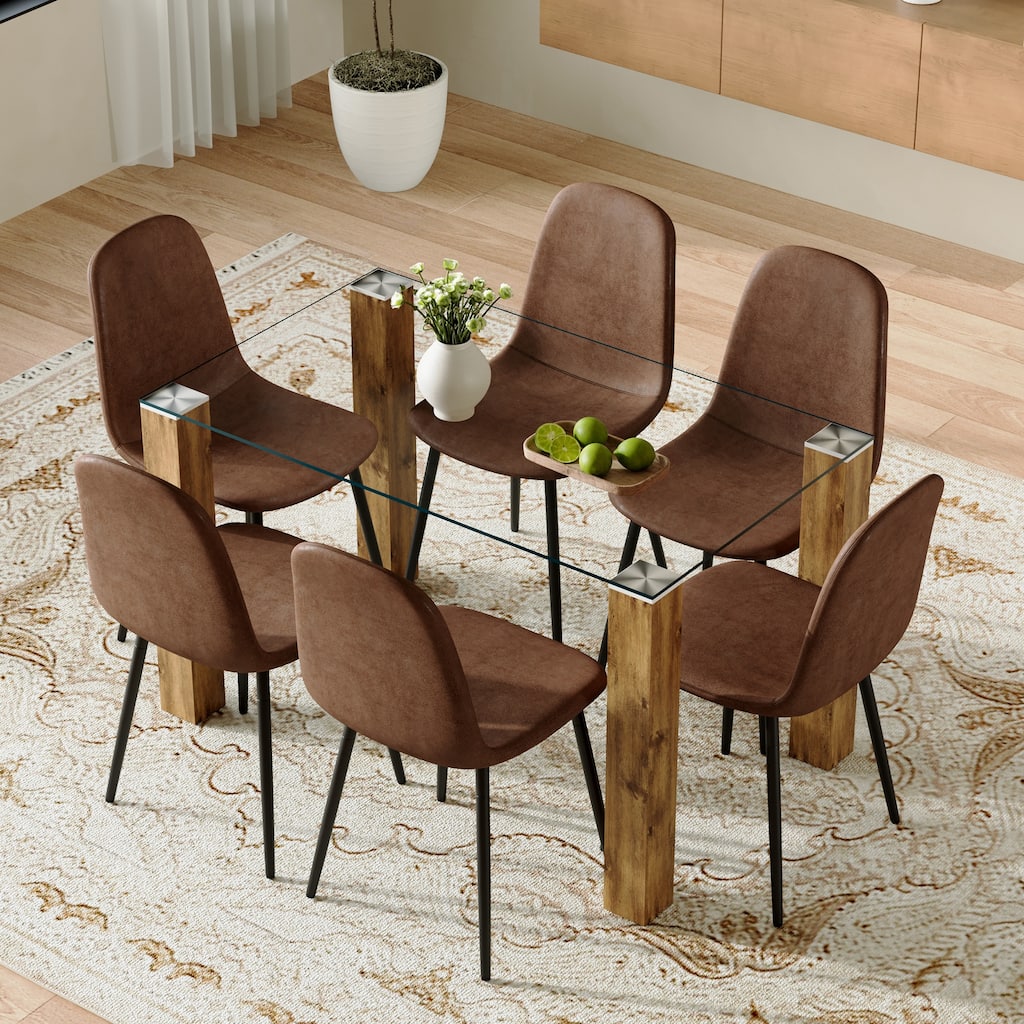 7-Piece Rectangular Dining Table Set, Modern 49.6" Glass Dining Table Set with 6 Fabric Armless Dining Chairs for Dining Room