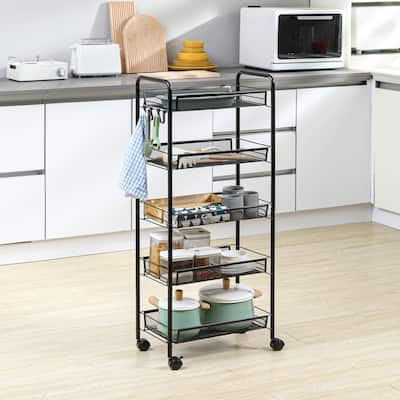 HOMCOM 5 Tier Utility Rolling Cart, Metal Storage Cart, Kitchen Cart with Removable Mesh Baskets, Black