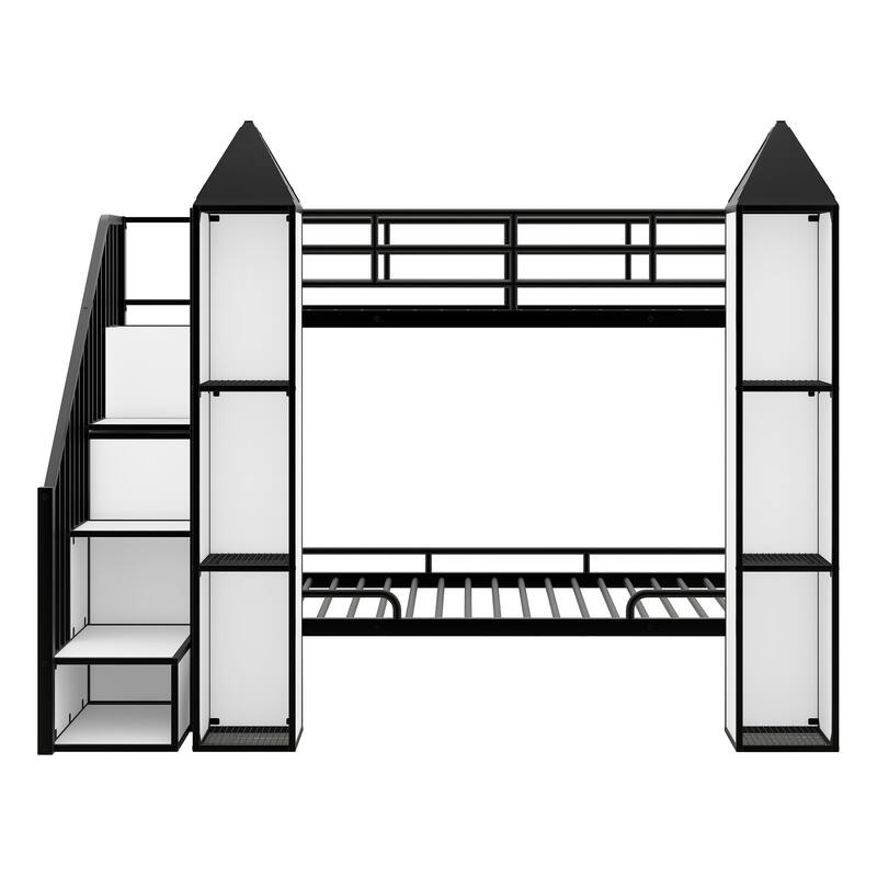 Twin Metal Castle Bunk Bed with Wardrobe, Staircase, and Cabinets