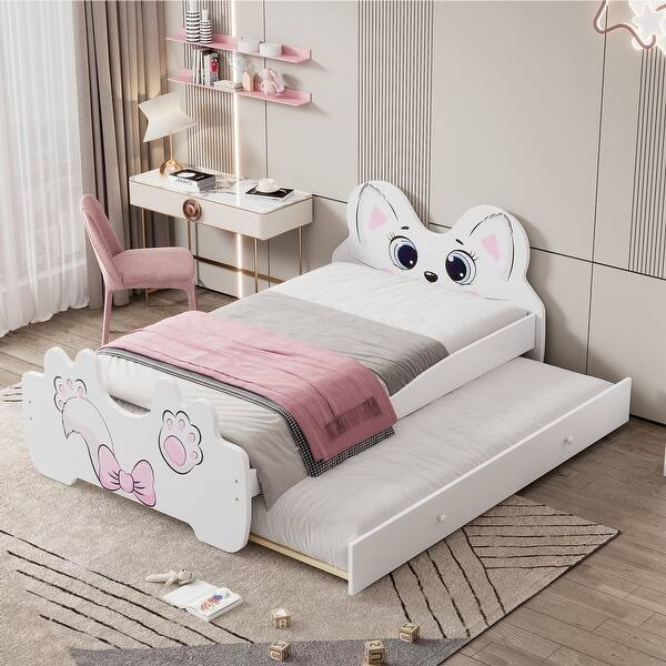 slide 2 of 7, Twin Size Platform Bed with Trundle Bed & Cartoon Headboard, White Antique White