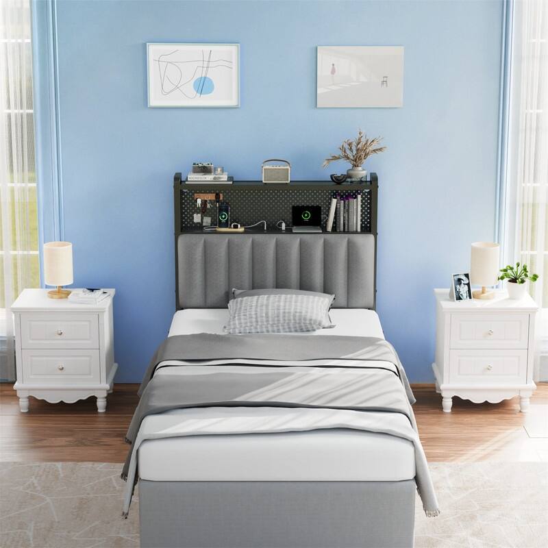 Adjustable Upholstered Headboard with 2 Tier Shelves with Charging Stations and LED Lights, Modern Bed Headboard with Storage