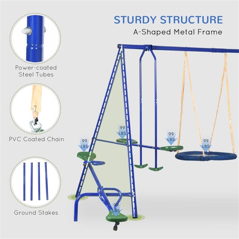 Steel Kids Swing Set with Slide, Glider and Teeter-Totter - 157.5" L x 113" W x 71.75" H