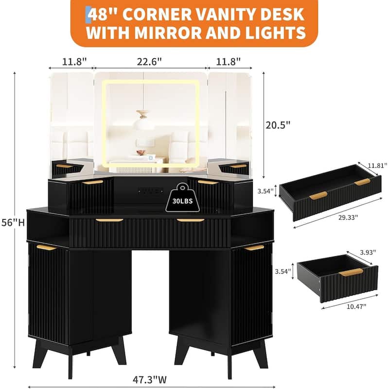 48 inch Fluted Corner Vanity Desk with Lights and Triple Mirror