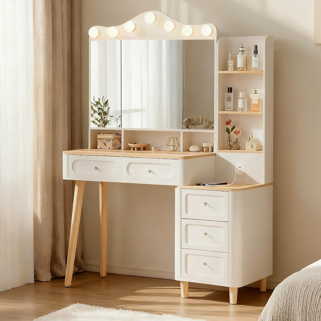 White Makeup Vanity Desk with Foldable Three-sided Mirror, USB Ports & Lights, 5 Drawers Dressing Table, 3 Color Modes Available