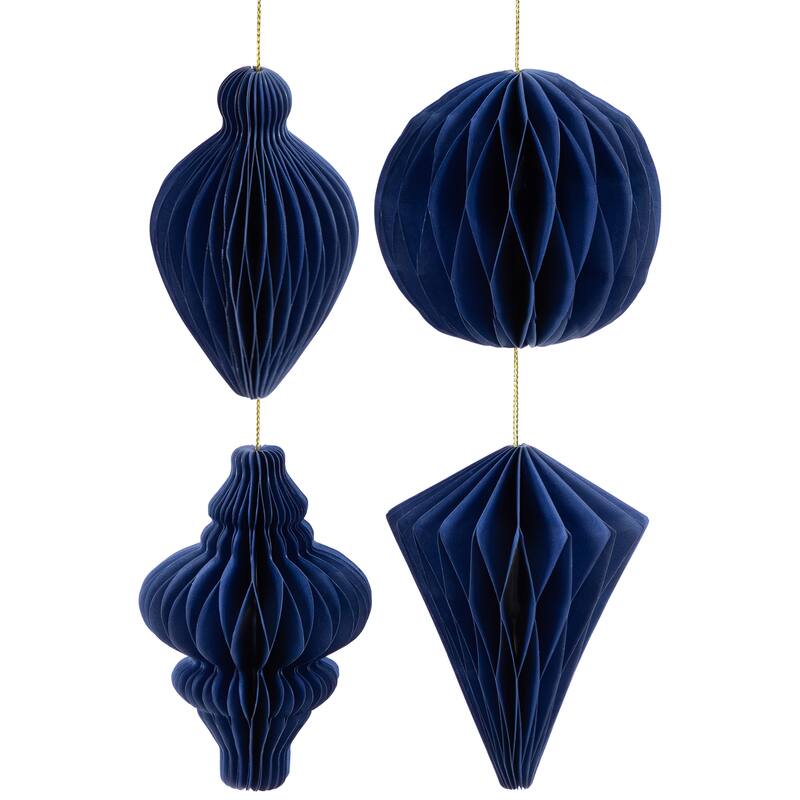 Accordion Honeycomb Foldable Paper Christmas Ornaments - 4" - Navy Blue - Set of 4