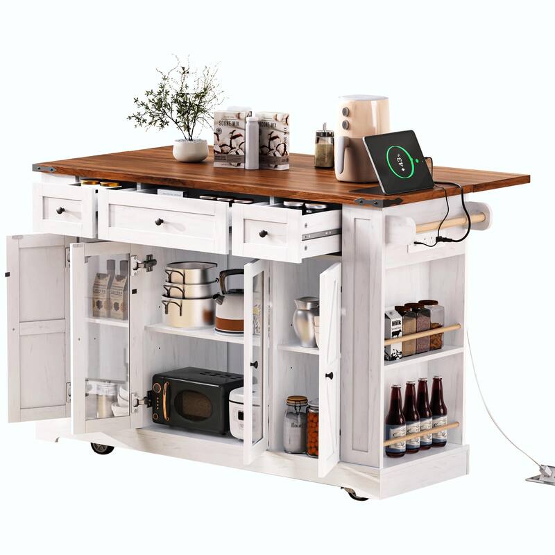 53'' Rolling Farmhouse Kitchen Island - Two Glass Cabinet Doors with Power Outlet