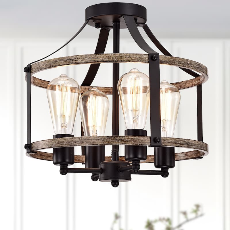 Teeger Matte Black 4-Light Open Metal Cage Semi-Flush Mount