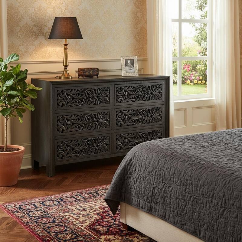 HomeRoots 57" Black Carved Scrollwork Solid Wood Six Drawer Dresser - Black - 6-drawer