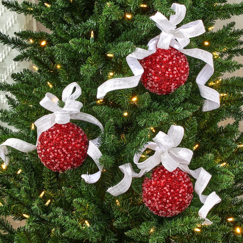 5.5" Diamond Ice Bead Ball Ornament Set of 3 - Red